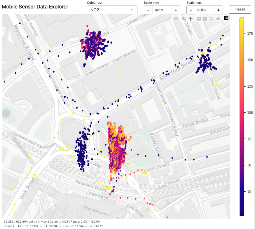A visualation of a small amount of the Local Air data, showing pollution measurements visualised on a map